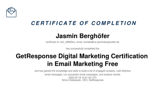 Jasmin Berghöfer E-Mail-Marketing-Zertifikat GetResponse