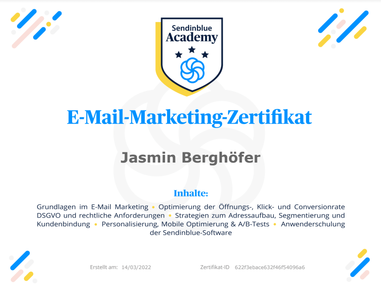 Jasmin Berghöfer E-Mail-Marketing-Zertifikat Sendinblue